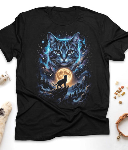 Black funny cat t-shirt with "Cat Wolf Moon Galaxy" design, front view