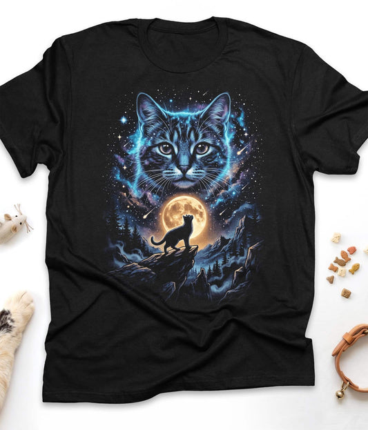 Black funny cat t-shirt with "Cat Wolf Moon Galaxy" design, front view