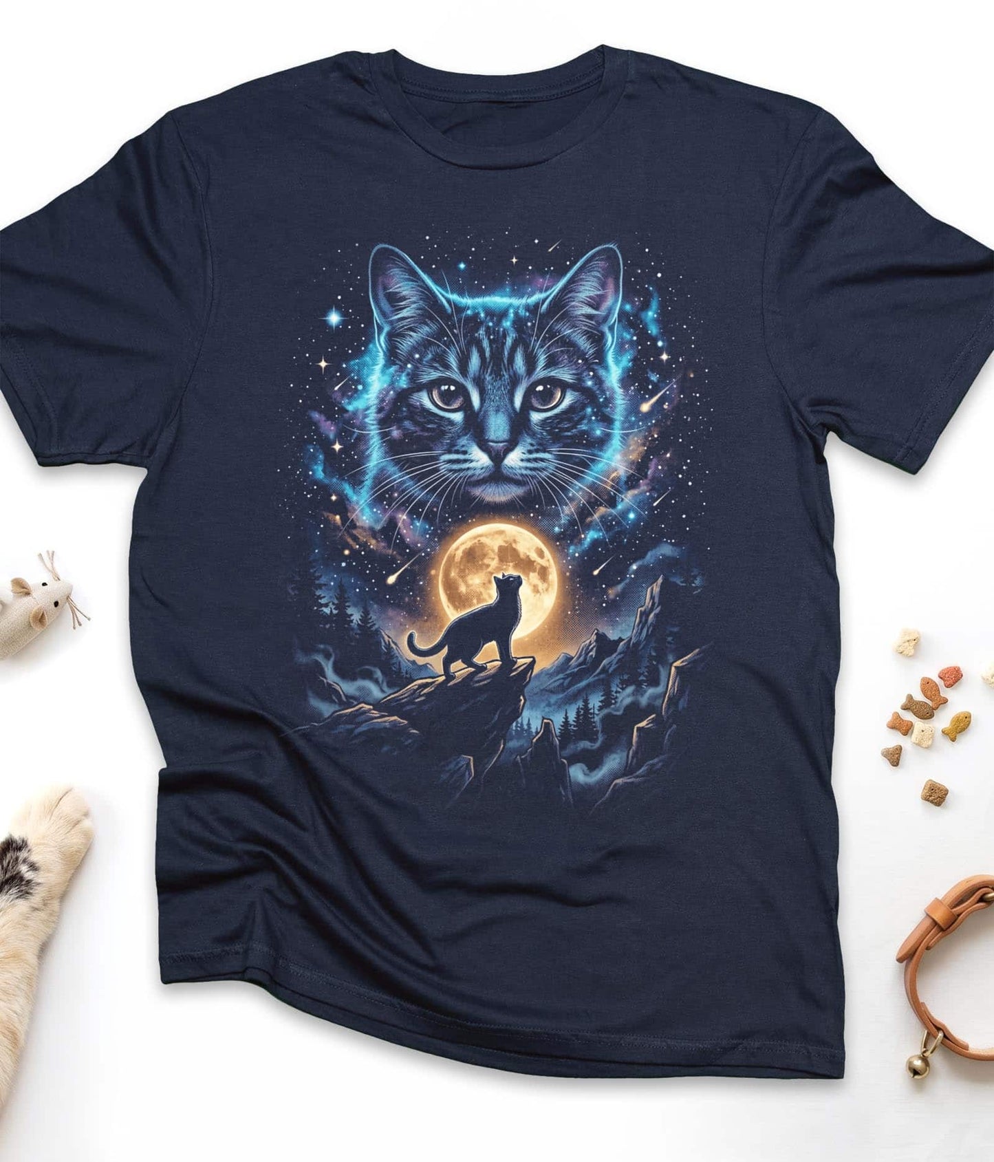Navy funny cat t-shirt with "Cat Wolf Moon Galaxy" design, front view