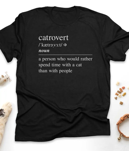 Black funny cat t-shirt with "Catrovert" dictionary definition design, flat lay top view