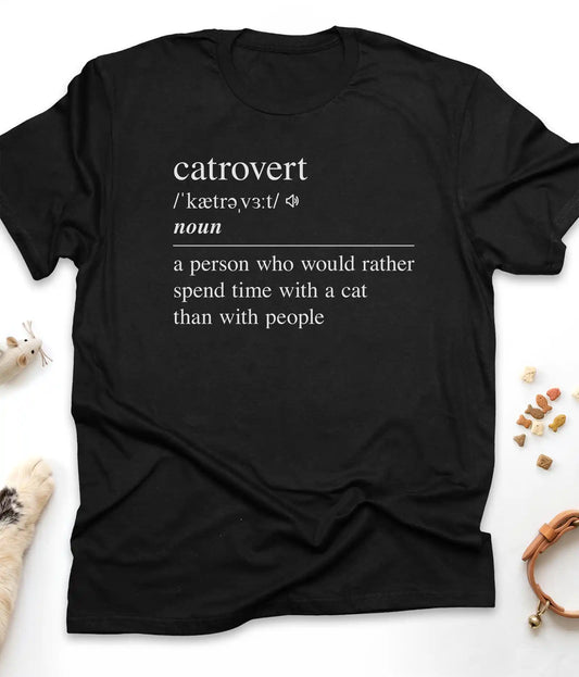 Black funny cat t-shirt with "Catrovert" dictionary definition design, flat lay top view