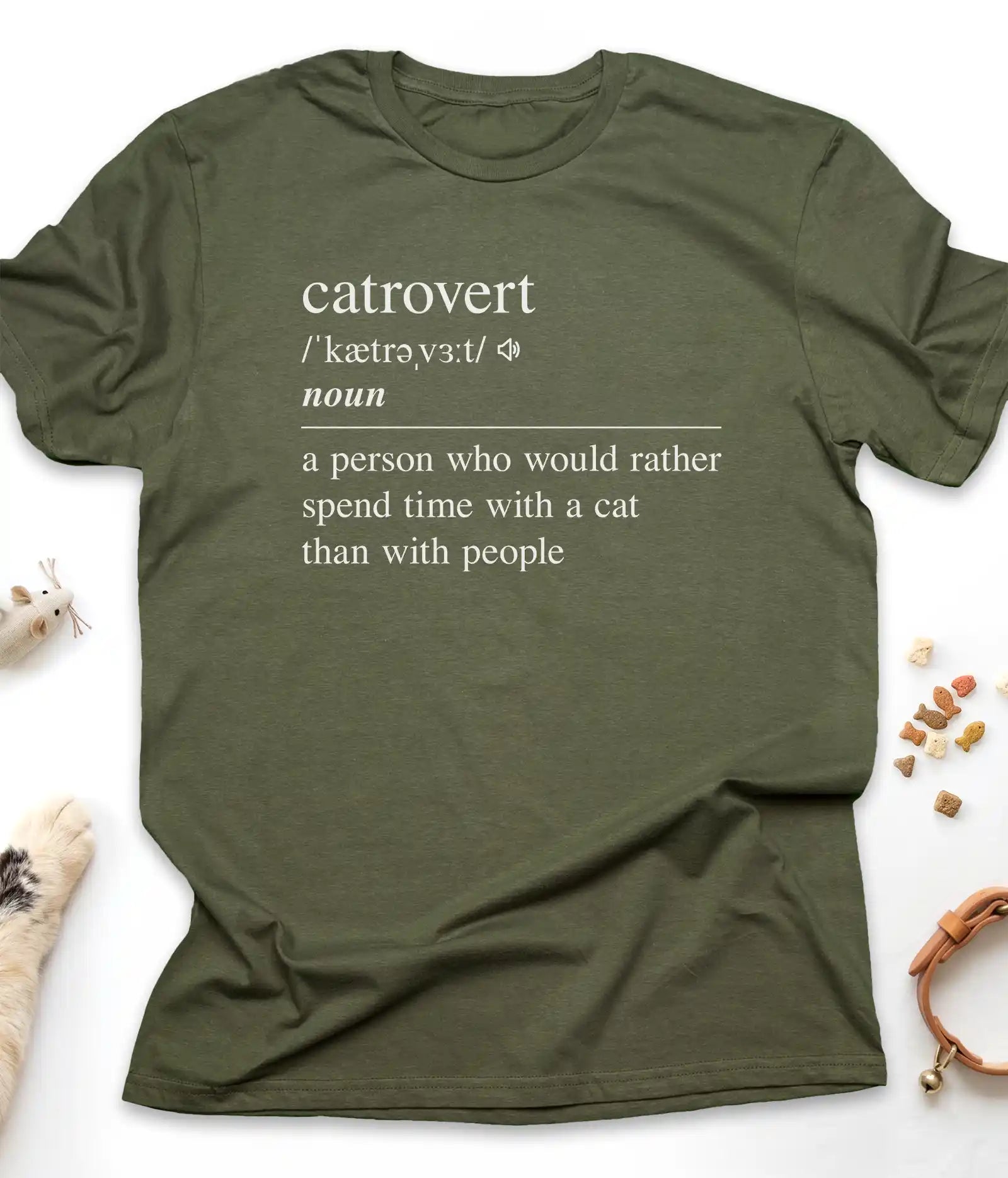 Military Green funny cat t-shirt with "Catrovert" dictionary definition design, flat lay top view