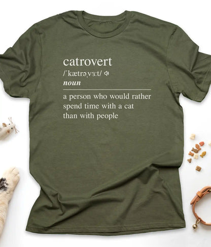 Military Green funny cat t-shirt with "Catrovert" dictionary definition design, flat lay top view