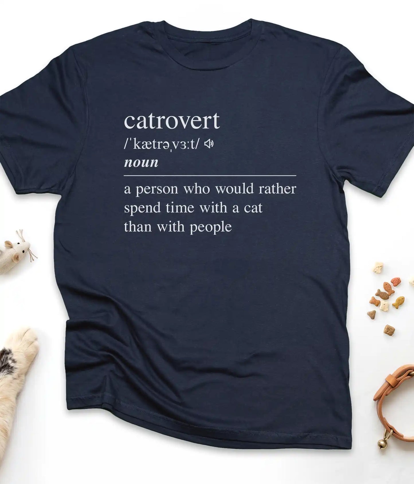 Navy funny cat t-shirt with "Catrovert" dictionary definition design, flat lay top view