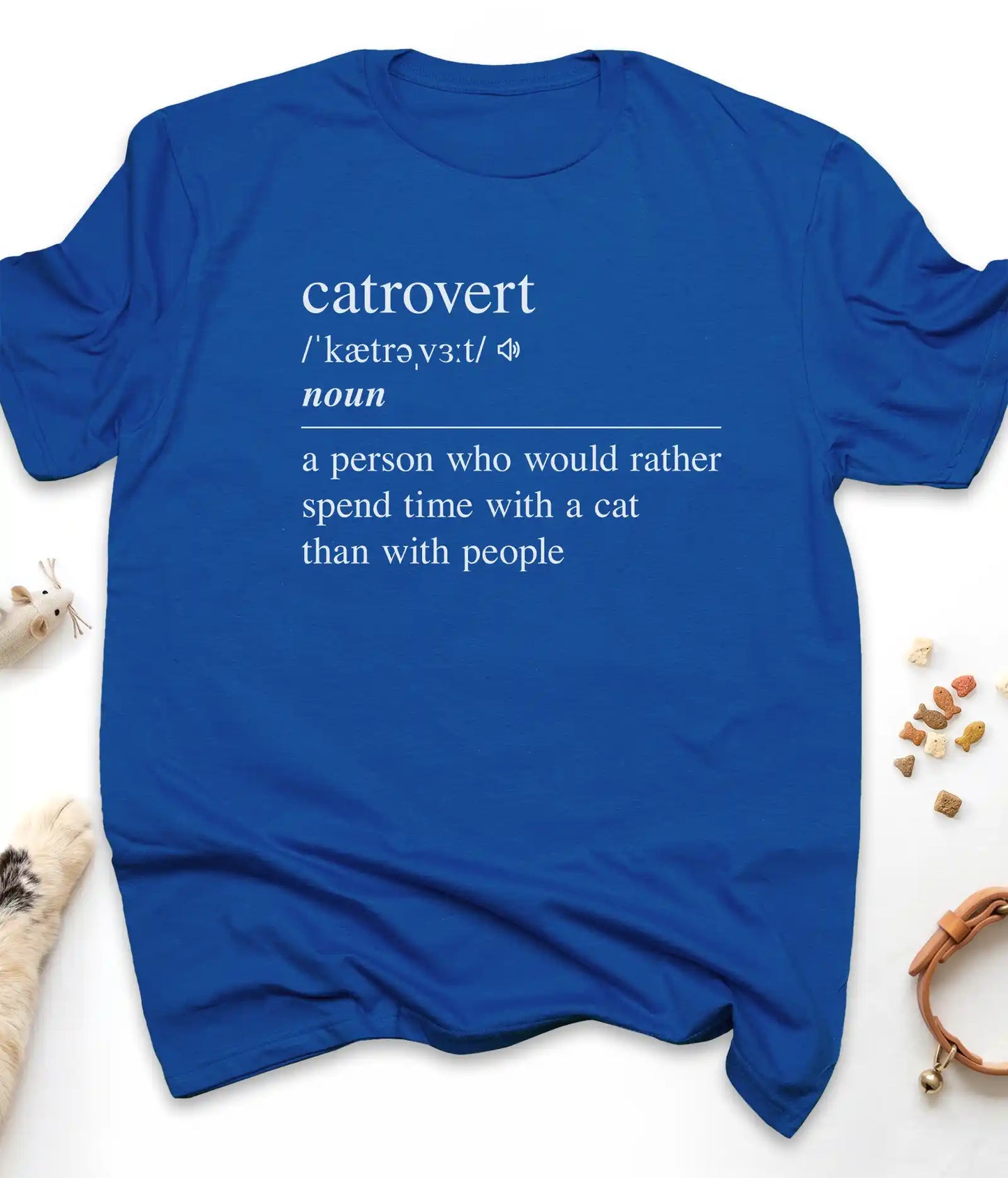 Royal funny cat t-shirt with "Catrovert" dictionary definition design, flat lay top view