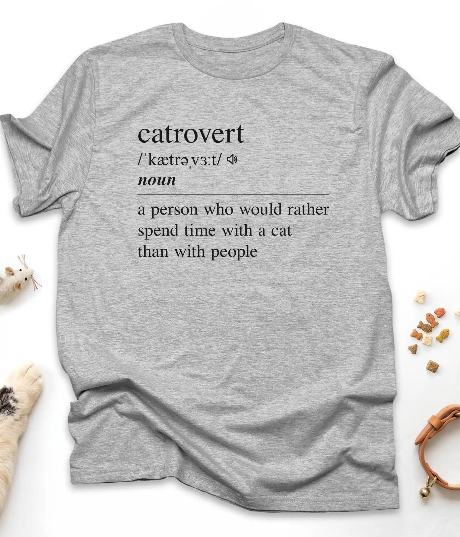Sport Grey funny cat t-shirt with "Catrovert" dictionary definition design, flat lay top view
