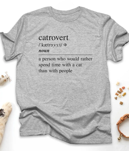 Sport Grey funny cat t-shirt with "Catrovert" dictionary definition design, flat lay top view