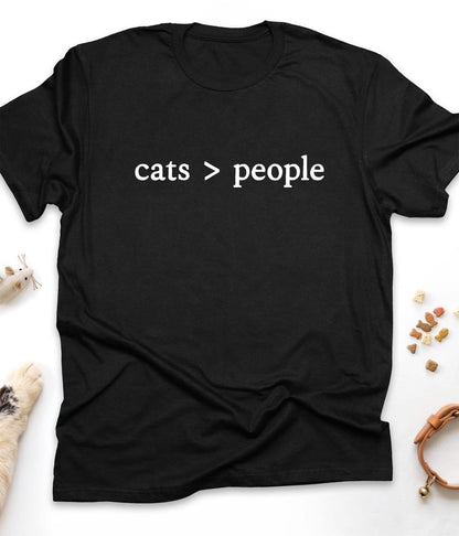 Black funny cat t-shirt with "Cats Are Better Than People" design, front view