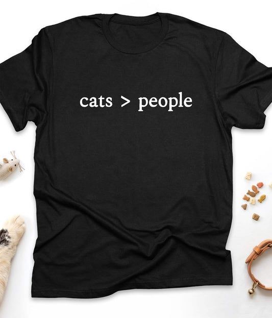 Black funny cat t-shirt with "Cats Are Better Than People" design, front view