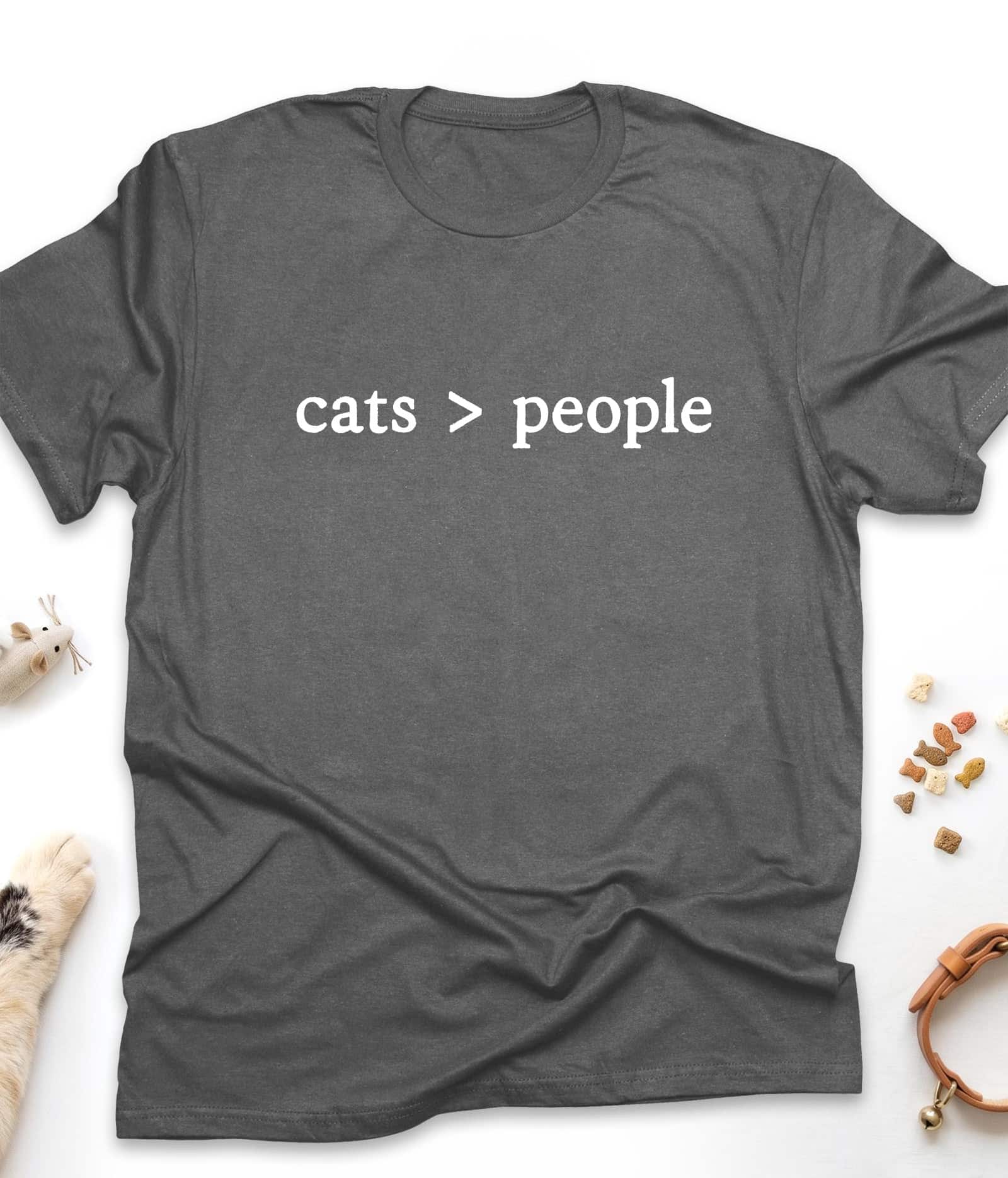 Dark Heather funny cat t-shirt with "Cats Are Better Than People" design, front view