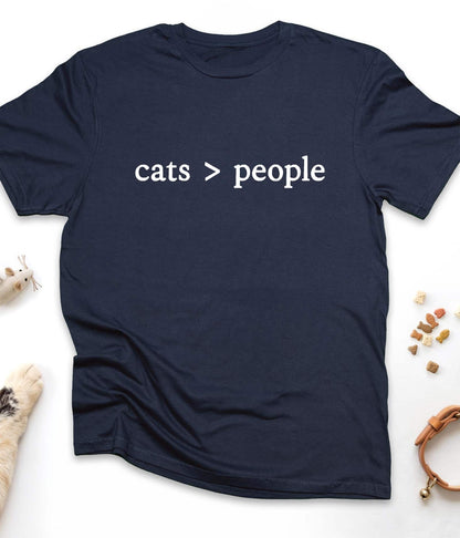 Navy funny cat t-shirt with "Cats Are Better Than People" design, front view