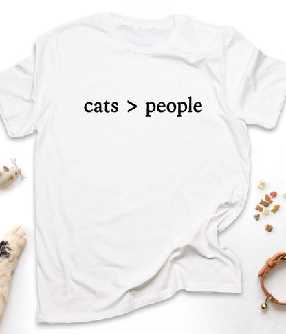 White funny cat t-shirt with "Cats Are Better Than People" design, front view