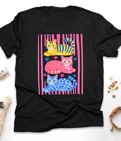 Black funny cat t-shirt with "Cats & Stripes" design, front view