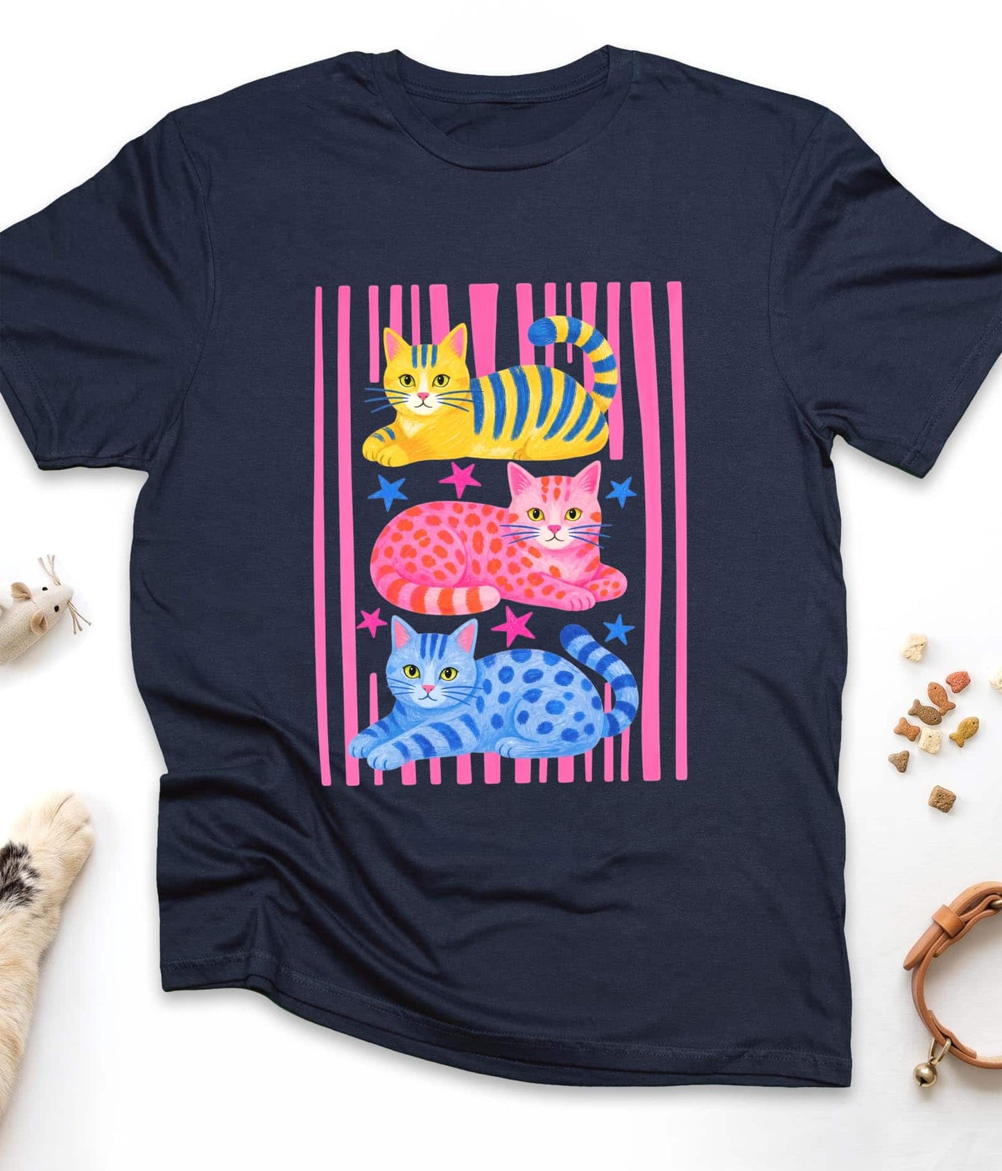 Navy funny cat t-shirt with "Cats & Stripes" design, front view