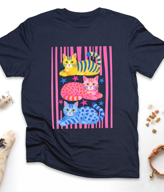 Navy funny cat t-shirt with "Cats & Stripes" design, front view