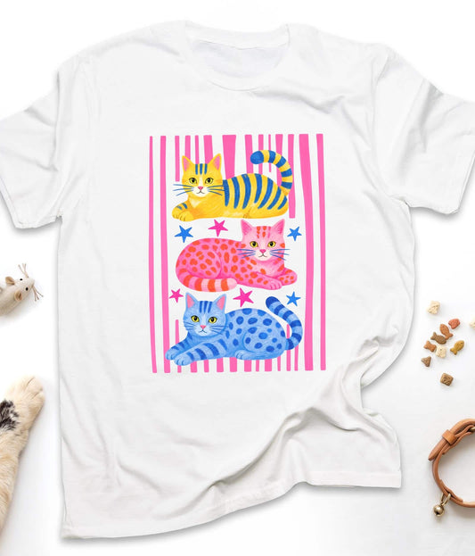 White funny cat t-shirt with "Cats & Stripes" design, front view