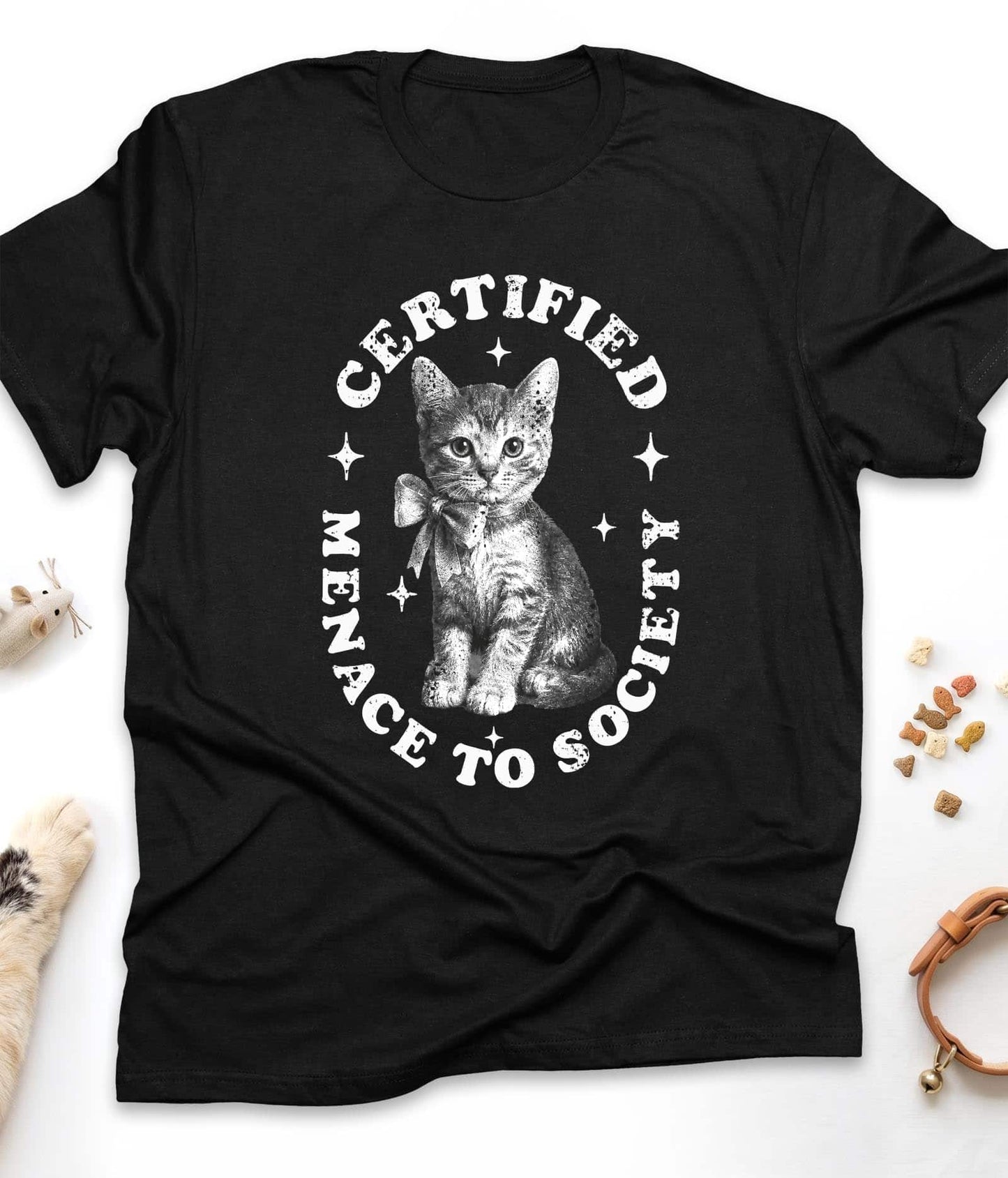 Black funny cat t-shirt with "Certified Menace to Society" design, front view