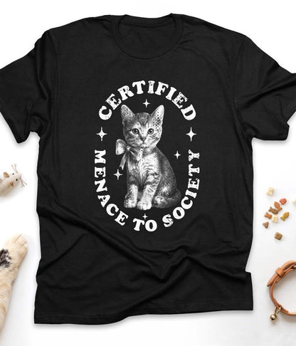 Black funny cat t-shirt with "Certified Menace to Society" design, front view