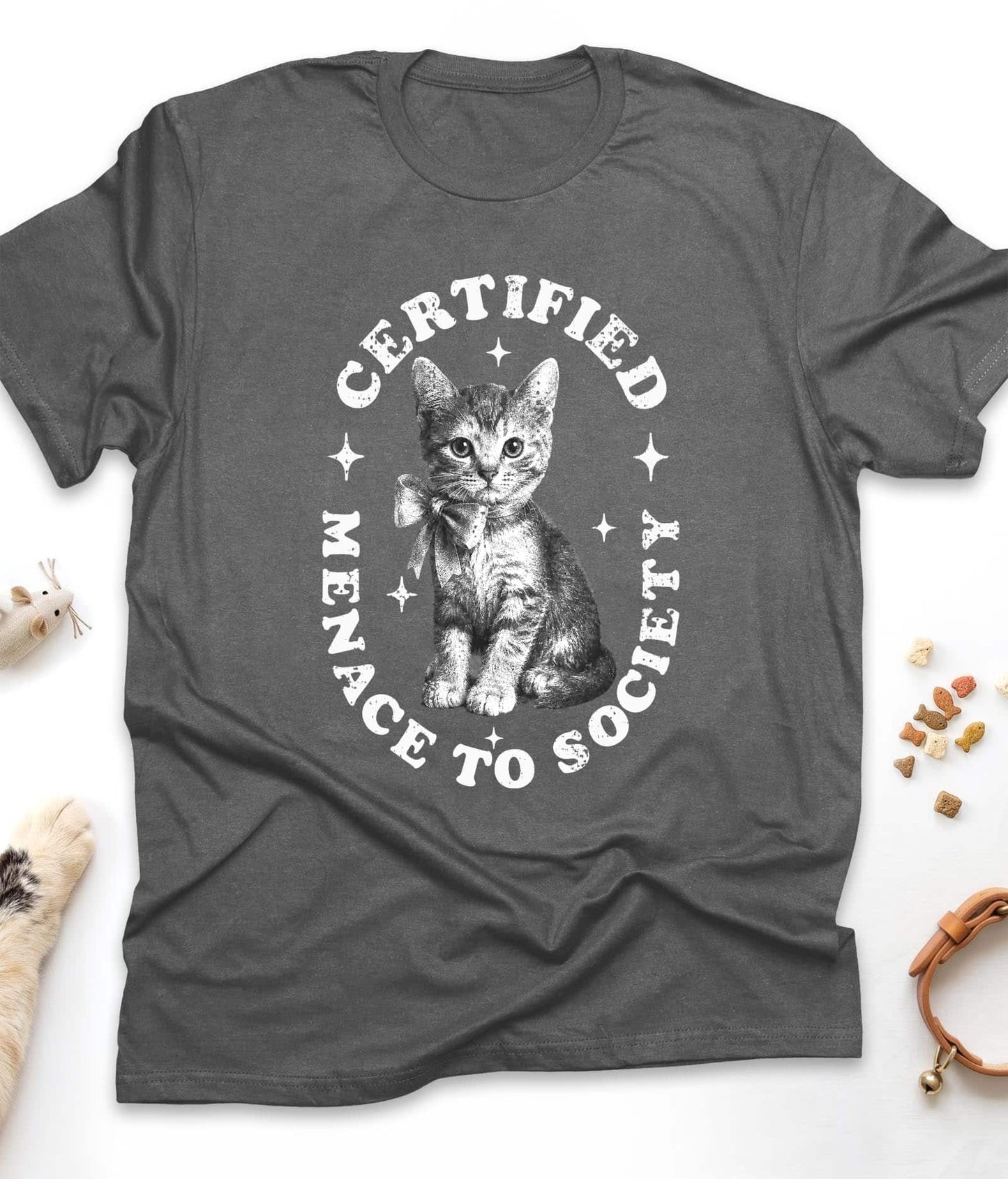Dark Heather funny cat t-shirt with "Certified Menace to Society" design, front view