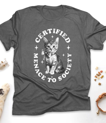Dark Heather funny cat t-shirt with "Certified Menace to Society" design, front view