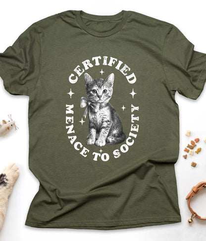 Military Green funny cat t-shirt with "Certified Menace to Society" design, front view