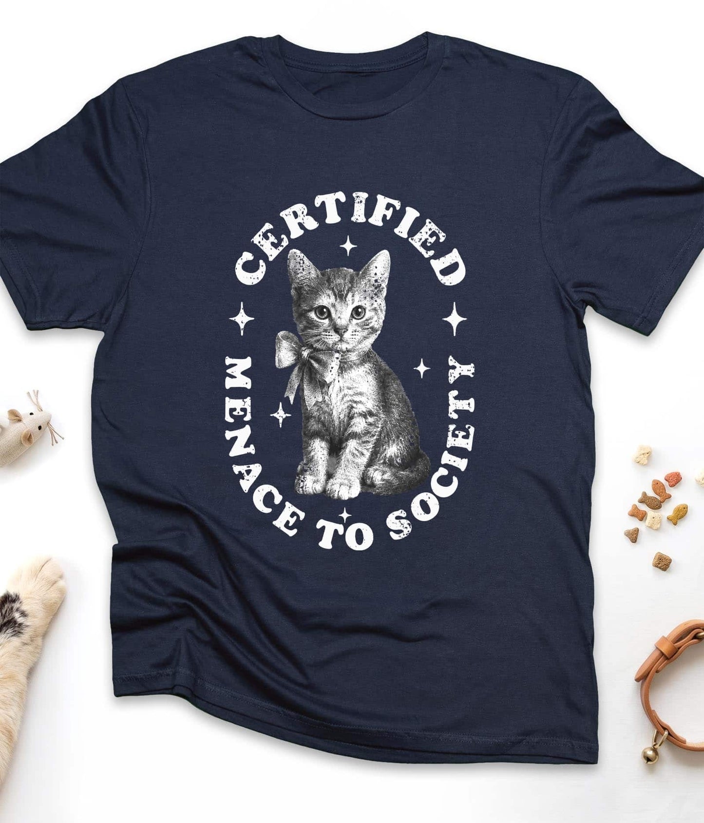 Navy funny cat t-shirt with "Certified Menace to Society" design, front view