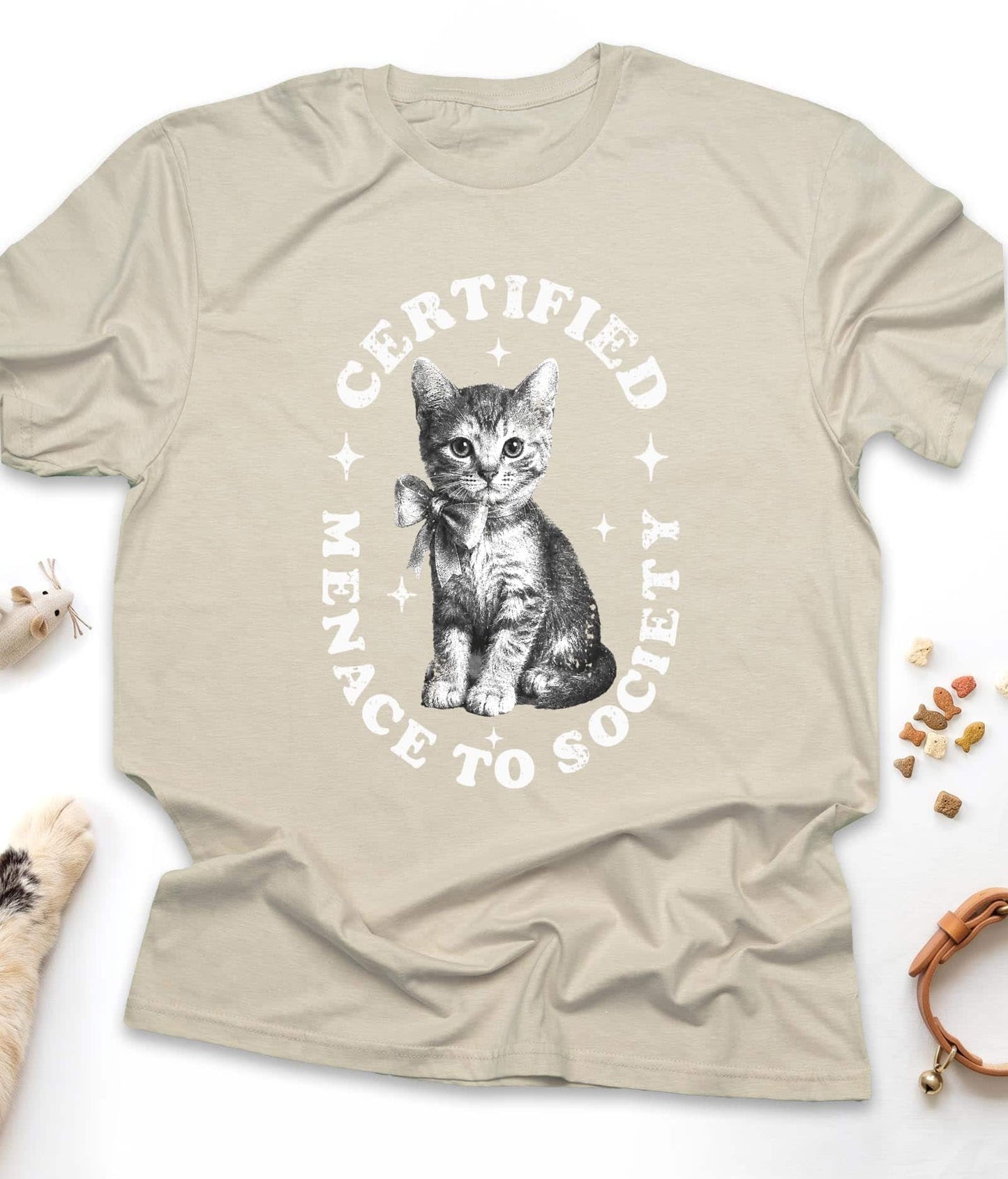 Sand funny cat t-shirt with "Certified Menace to Society" design, front view