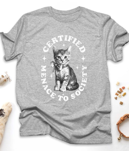Sport Grey funny cat t-shirt with "Certified Menace to Society" design, front view