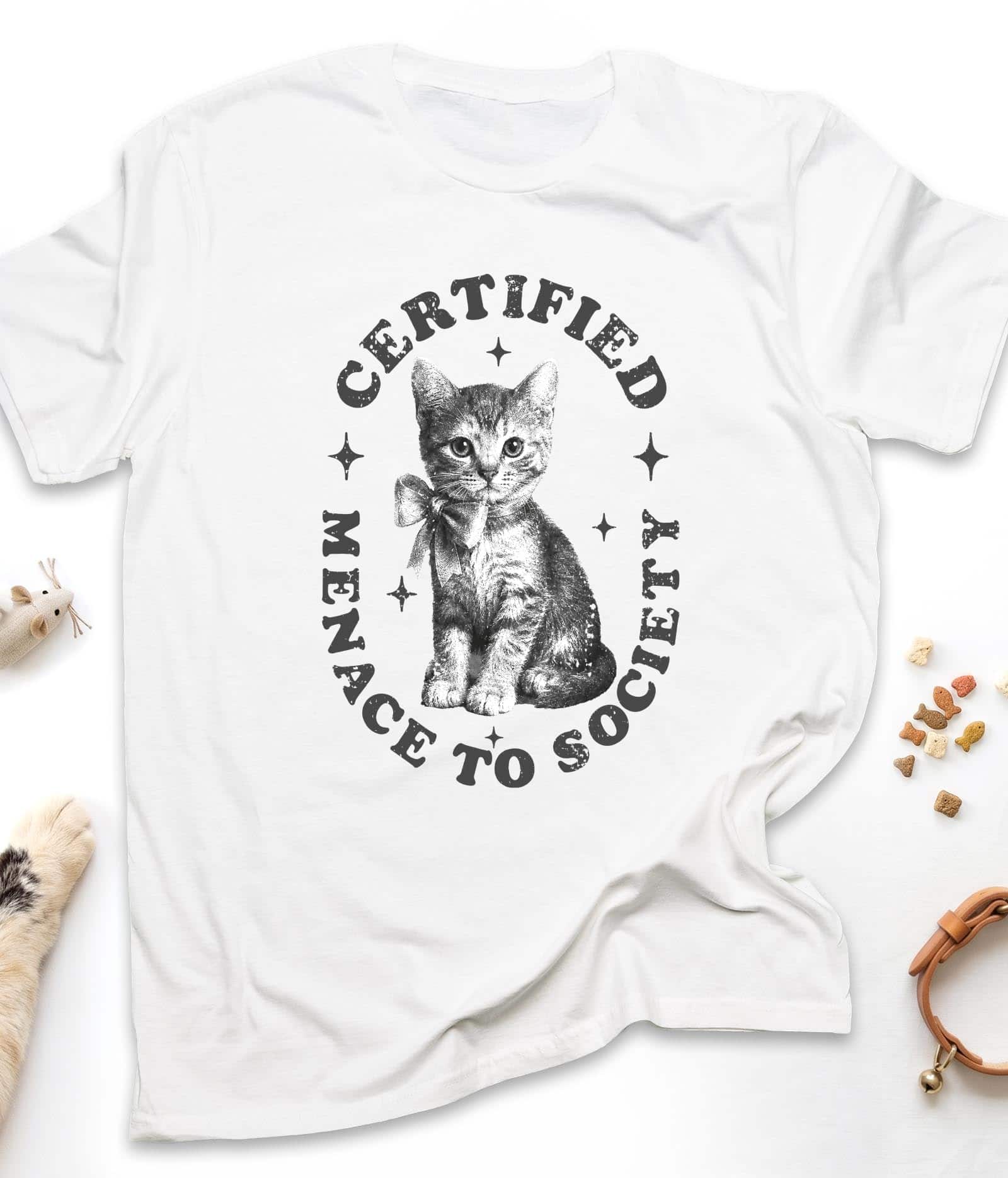 White funny cat t-shirt with "Certified Menace to Society" design, front view