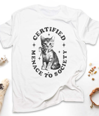 White funny cat t-shirt with "Certified Menace to Society" design, front view