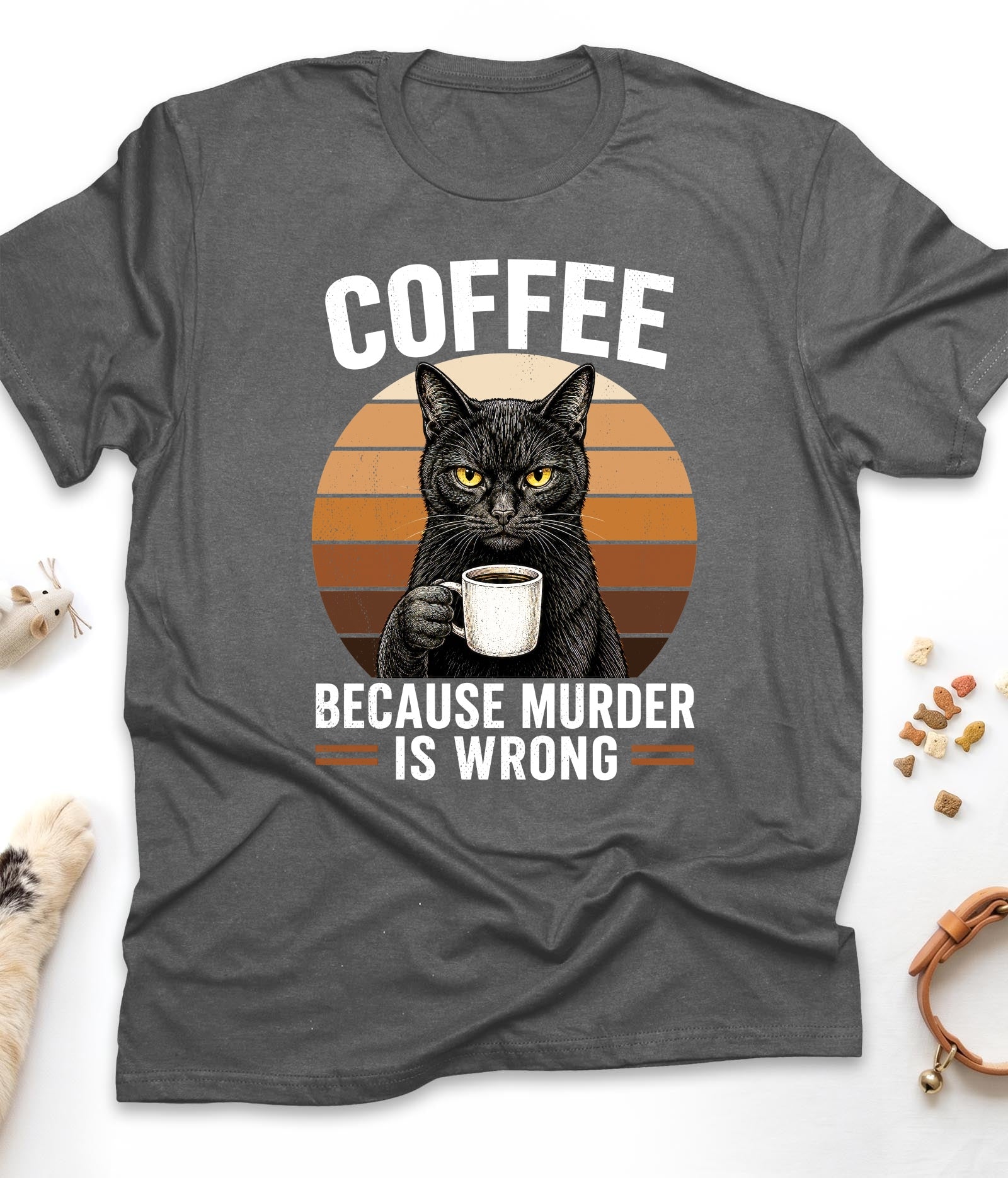 Dark Heather funny cat t-shirt with "Coffee Because Murder Is Wrong" design, front view