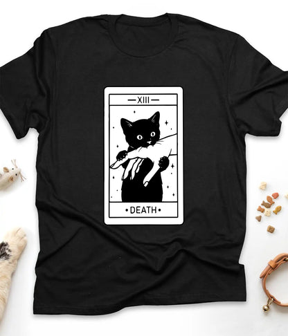 Black funny cat t-shirt with a Death tarot card and black cat, flat lay top view