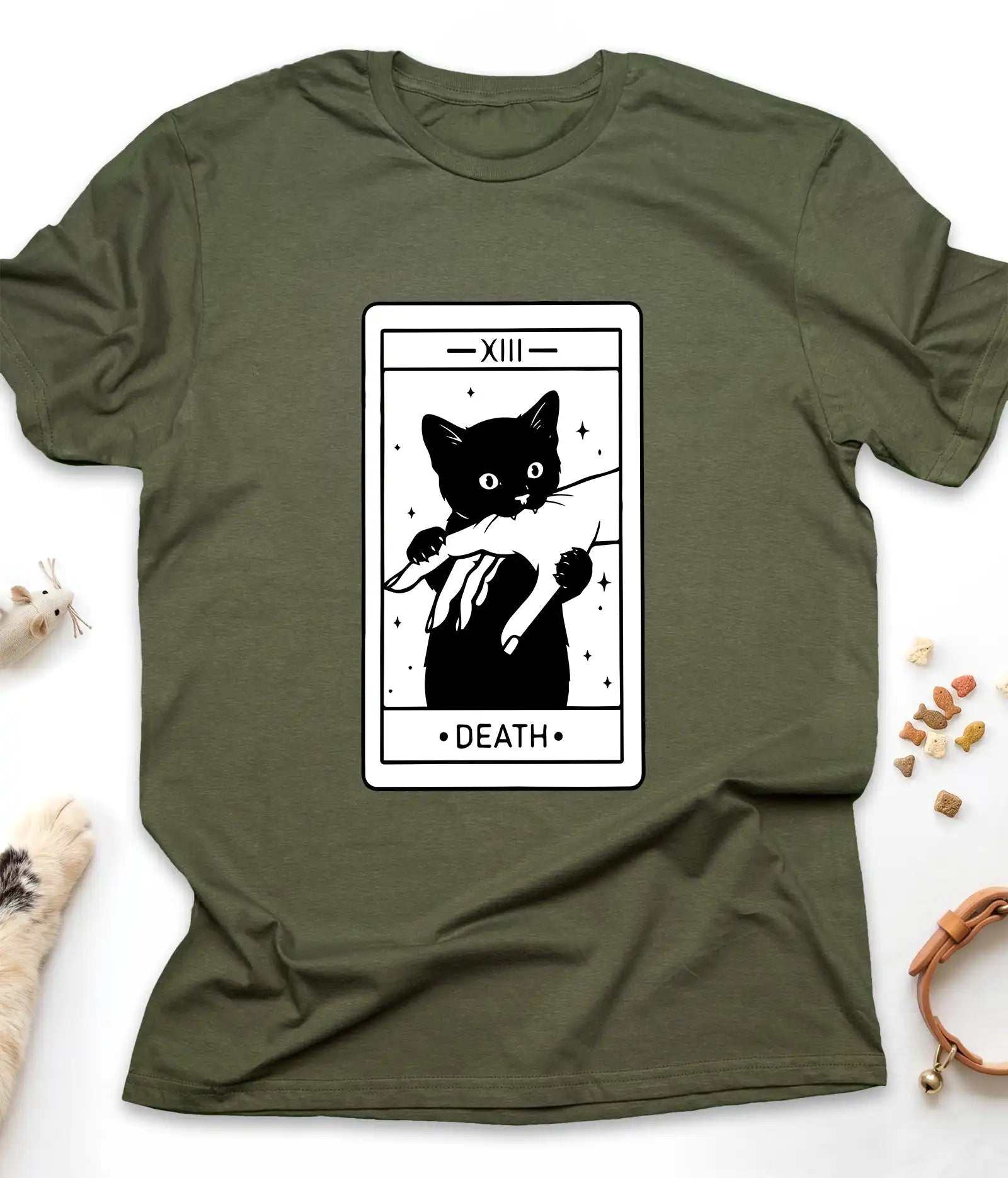 Military Green funny cat t-shirt with a Death tarot card and black cat, flat lay top view