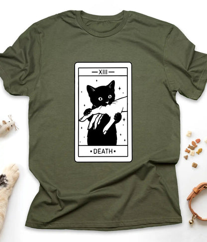 Military Green funny cat t-shirt with a Death tarot card and black cat, flat lay top view