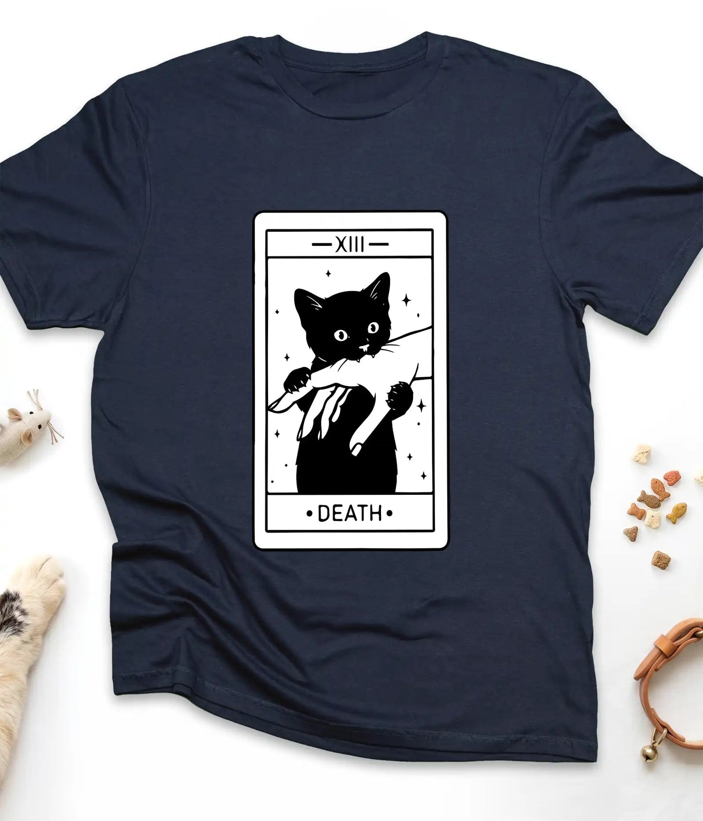 Navy funny cat t-shirt with a Death tarot card and black cat, flat lay top view