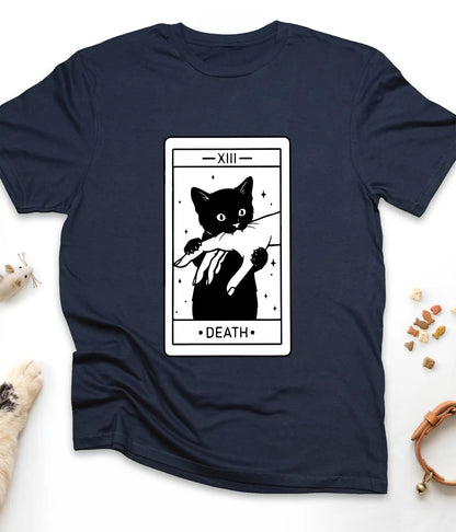 Navy funny cat t-shirt with a Death tarot card and black cat, flat lay top view
