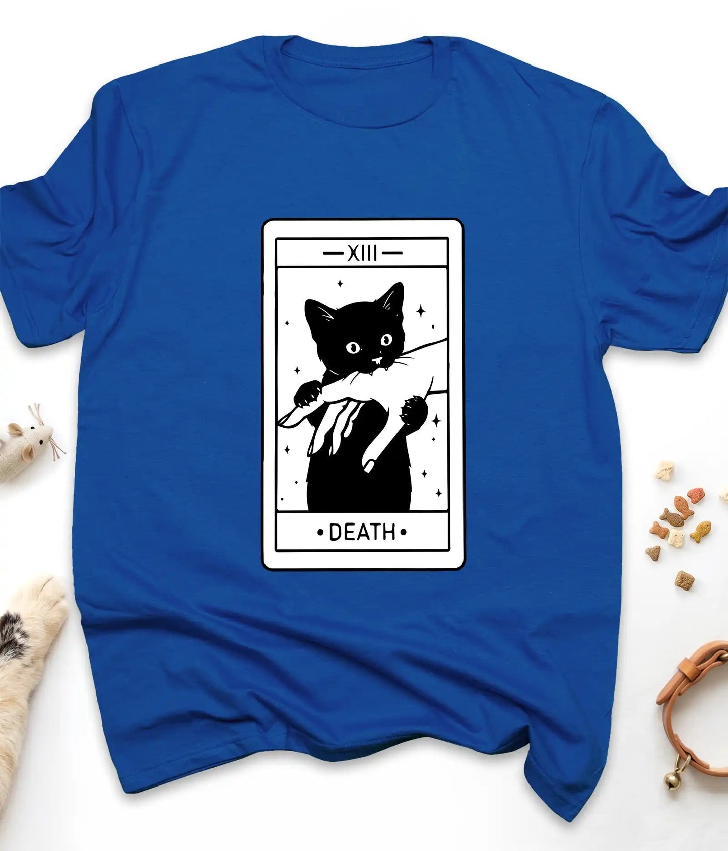 Royal funny cat t-shirt with a Death tarot card and black cat, flat lay top view