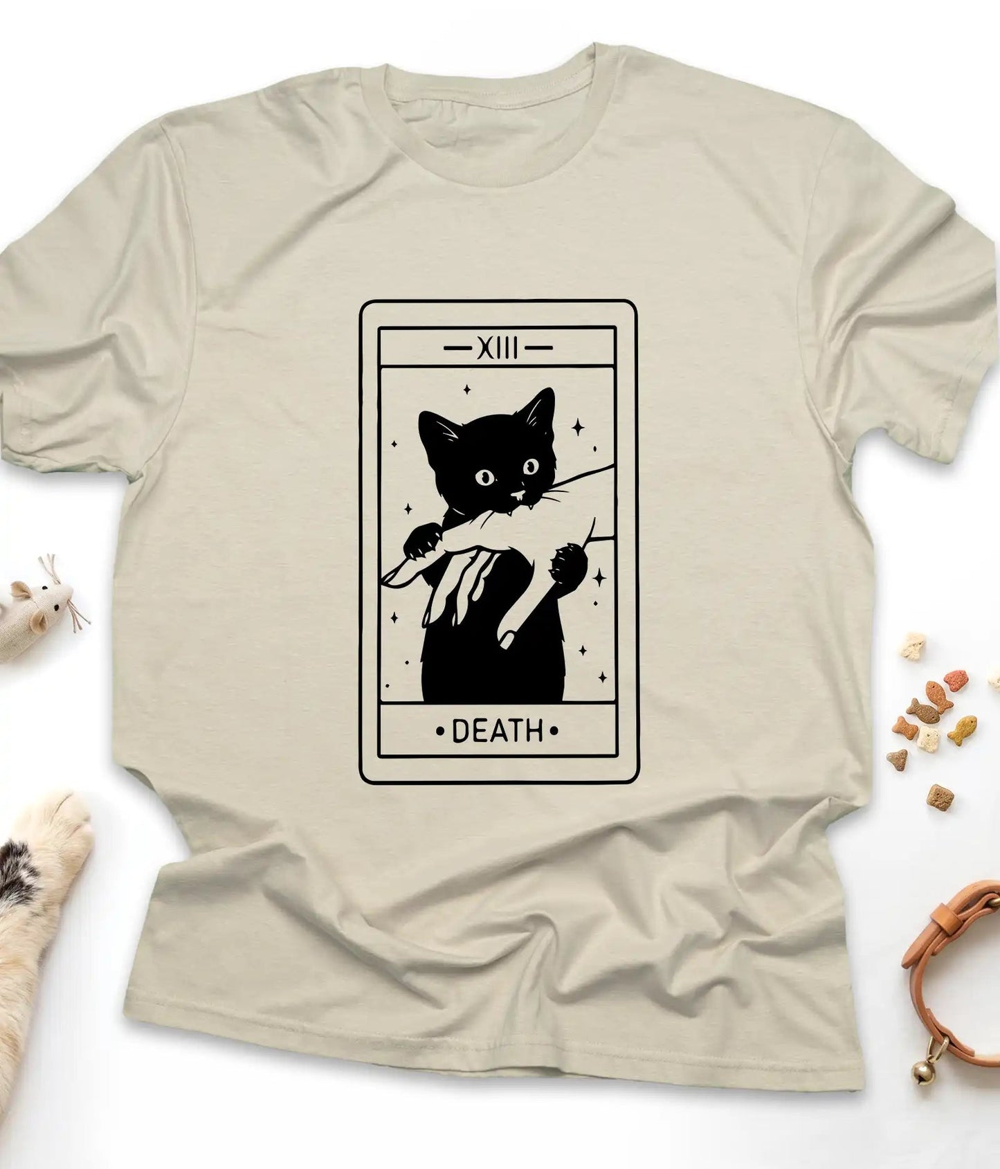 Sand funny cat t-shirt with a Death tarot card and black cat, flat lay top view