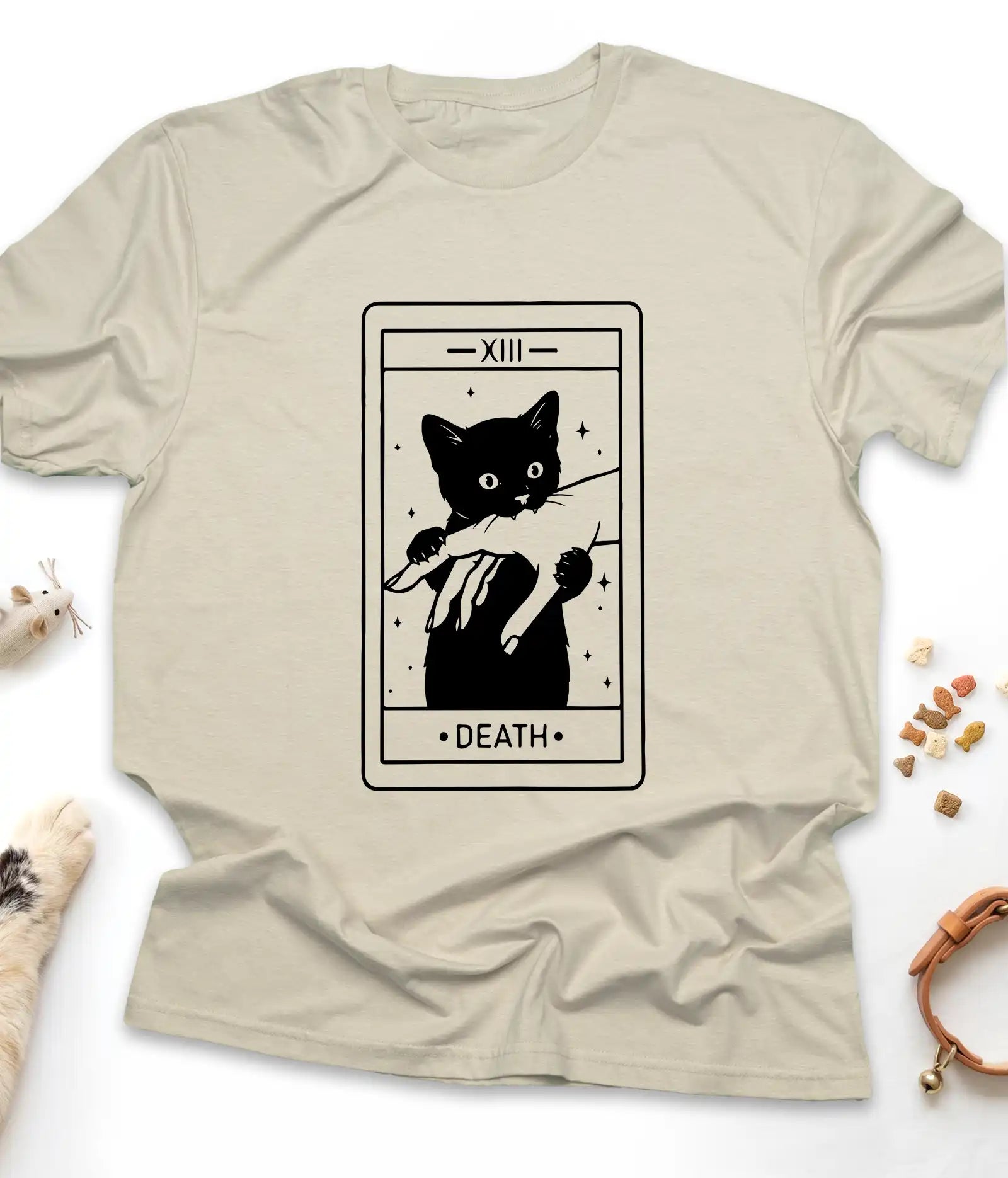 Sand funny cat t-shirt with a Death tarot card and black cat, flat lay top view