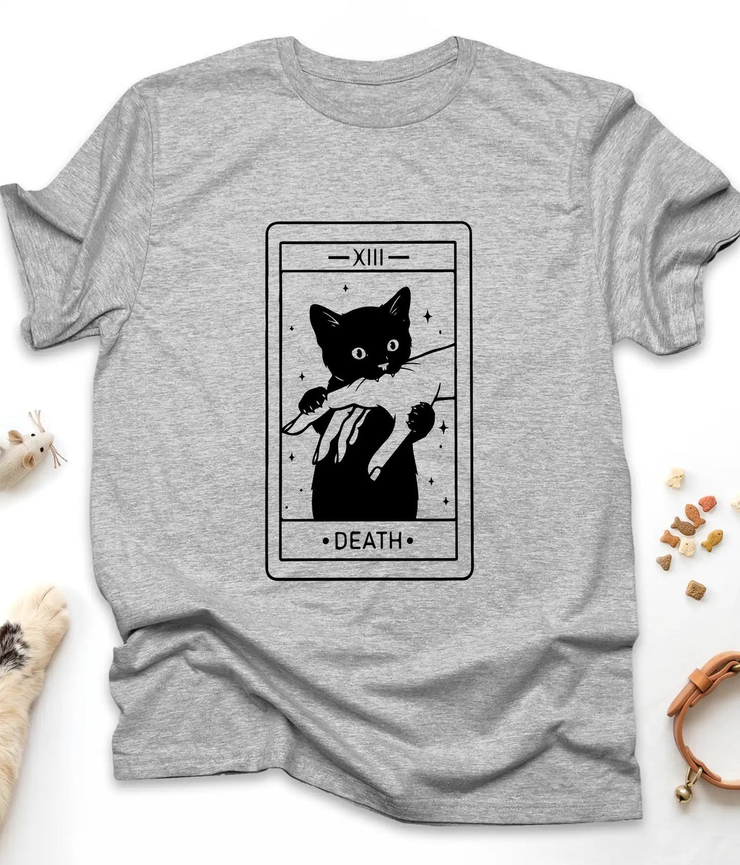 Sport Grey funny cat t-shirt with a Death tarot card and black cat, flat lay top view