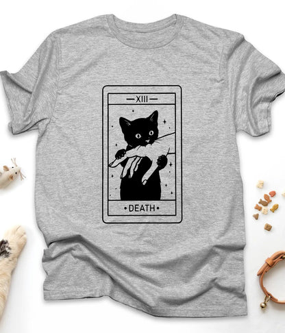 Sport Grey funny cat t-shirt with a Death tarot card and black cat, flat lay top view