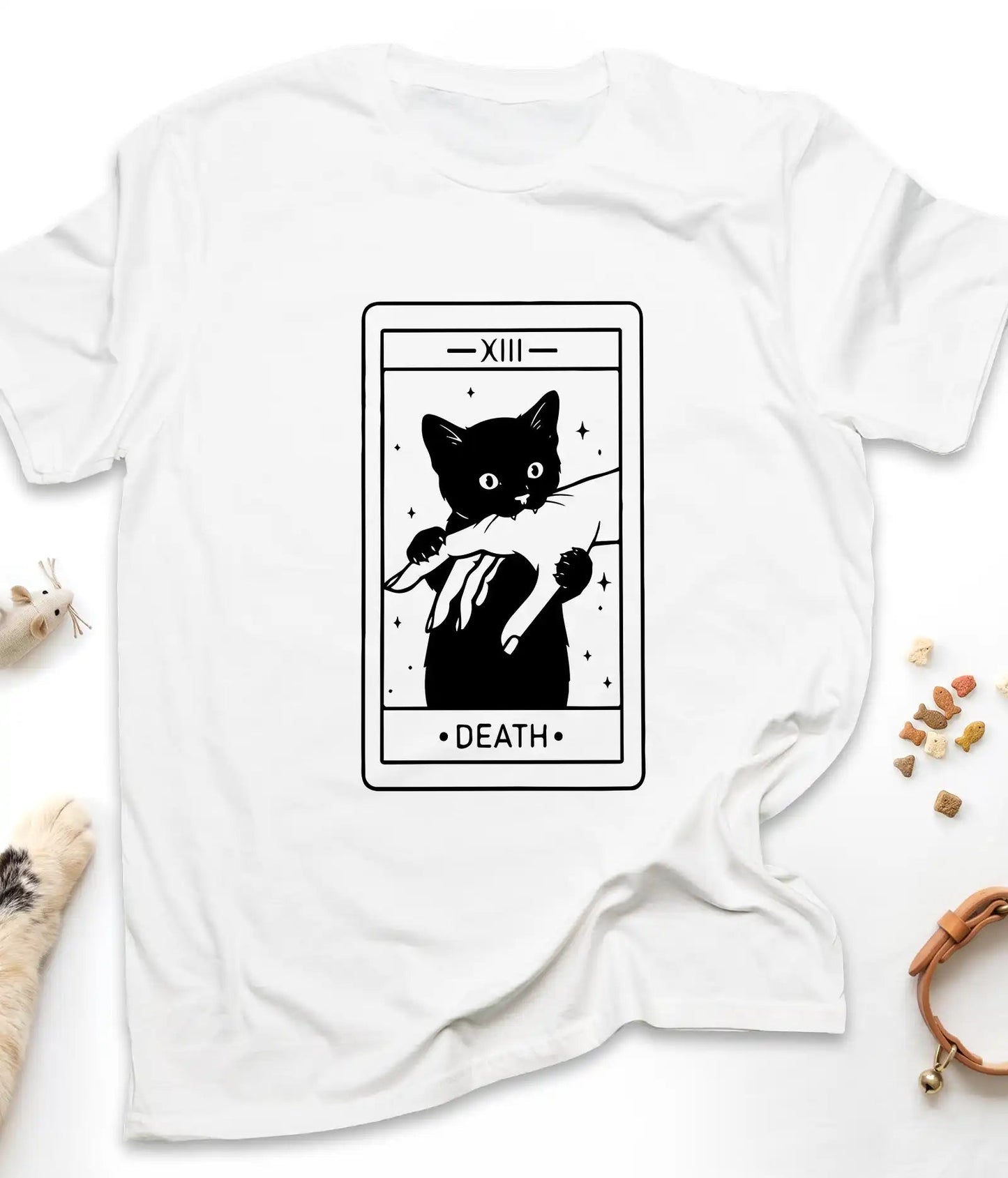White funny cat t-shirt with a Death tarot card and black cat, flat lay top view
