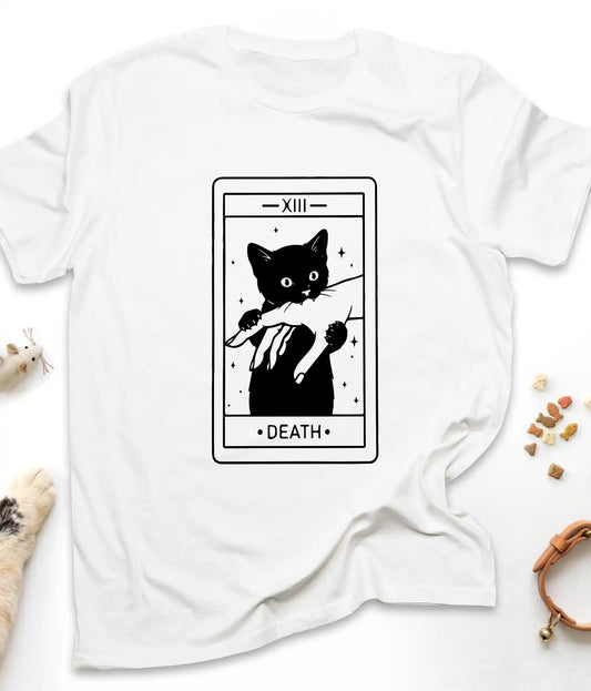 White funny cat t-shirt with a Death tarot card and black cat, flat lay top view