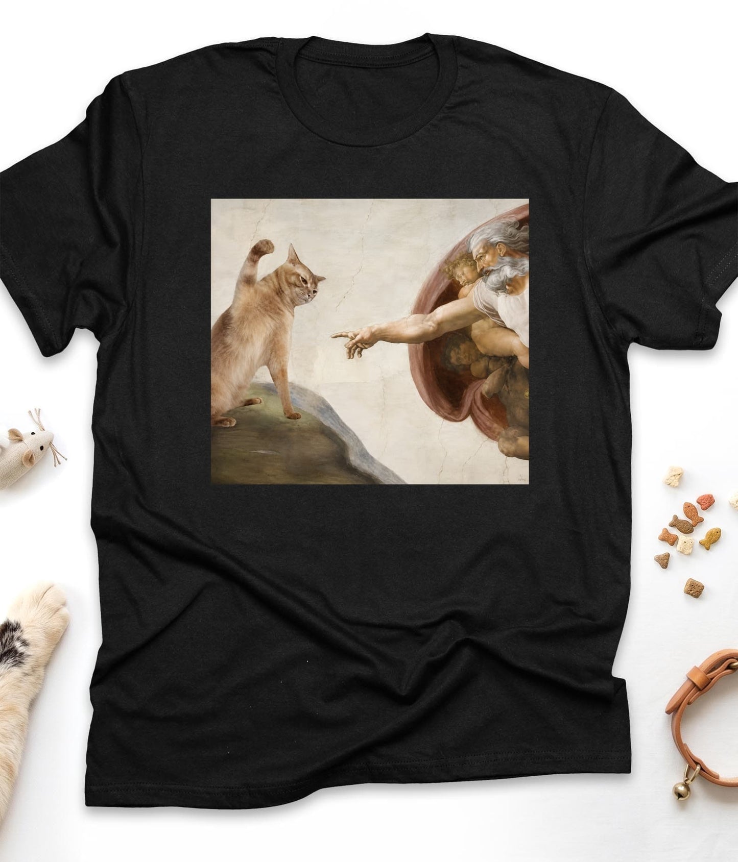 Black funny cat t-shirt with "Divine Paw of Creation" design, front view