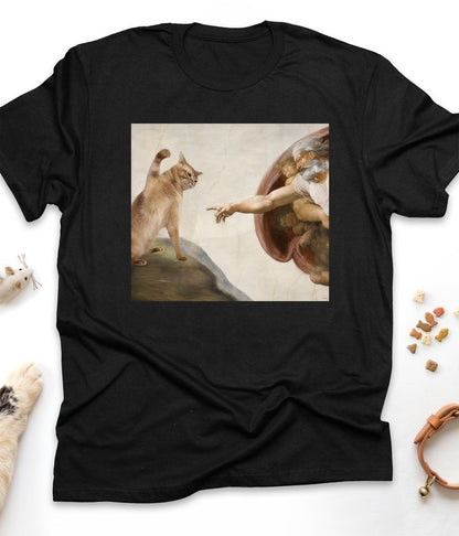 Black funny cat t-shirt with "Divine Paw of Creation" design, front view