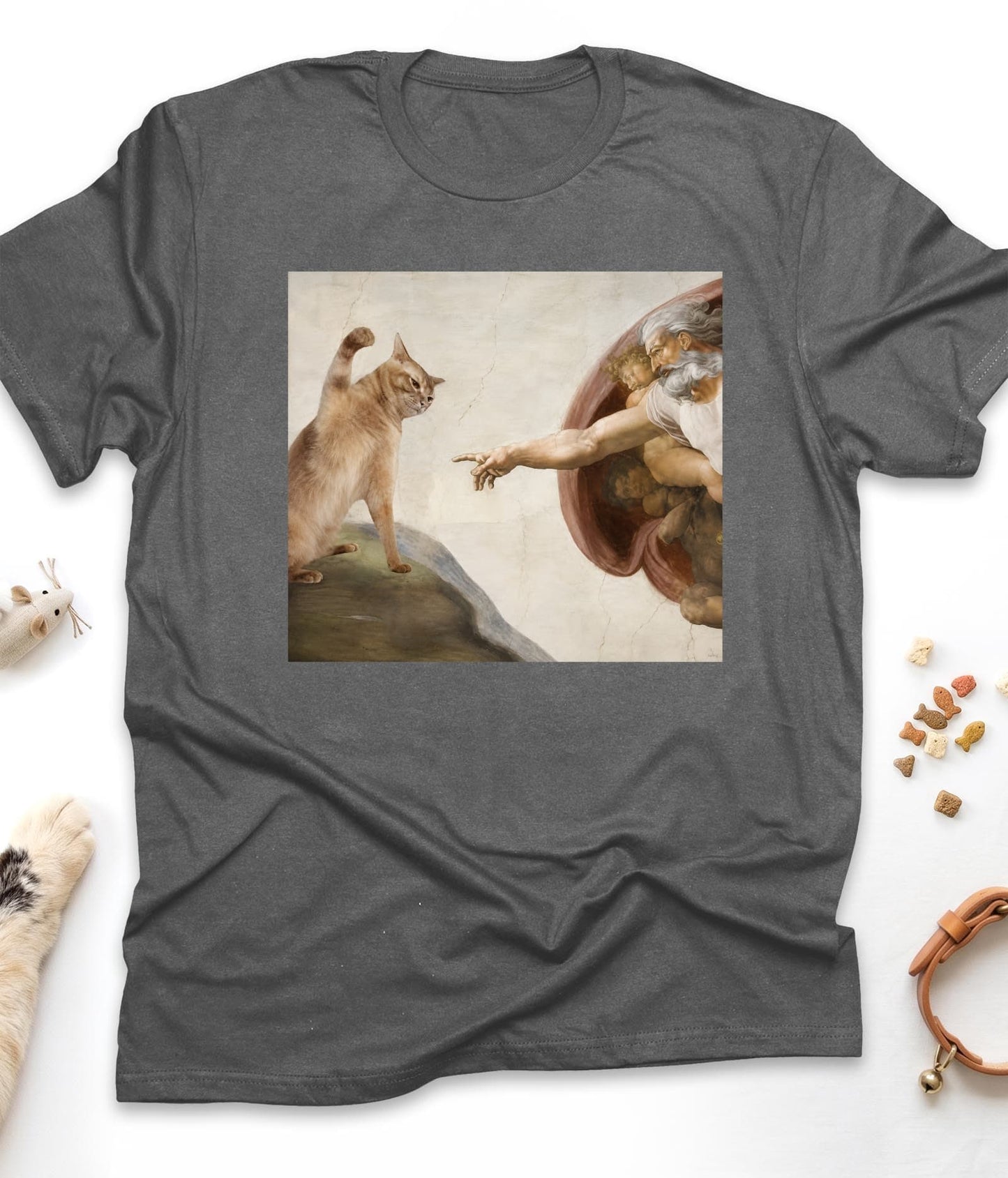 Dark Heather funny cat t-shirt with "Divine Paw of Creation" design, front view