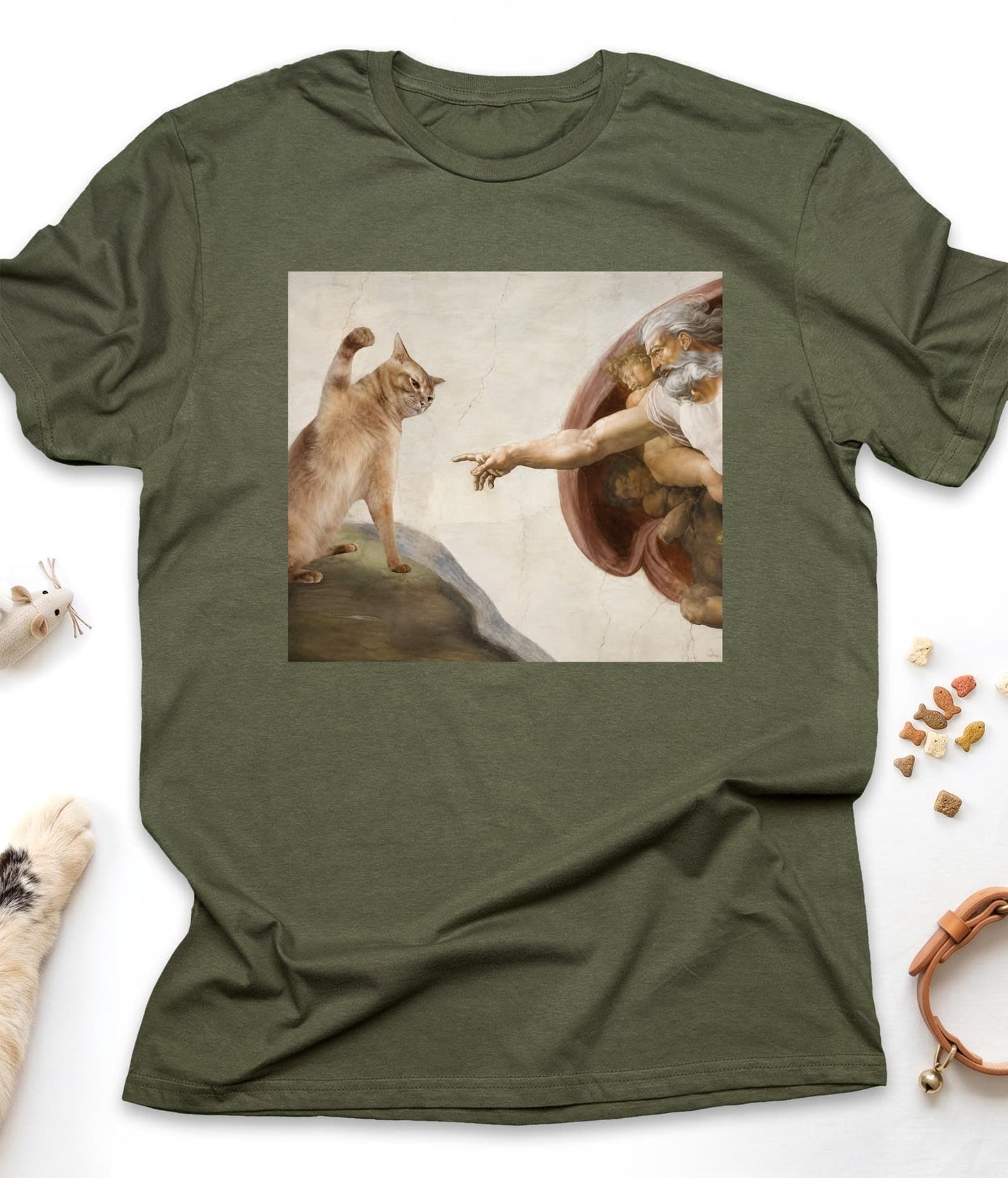 Military Green funny cat t-shirt with "Divine Paw of Creation" design, front view