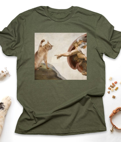 Military Green funny cat t-shirt with "Divine Paw of Creation" design, front view