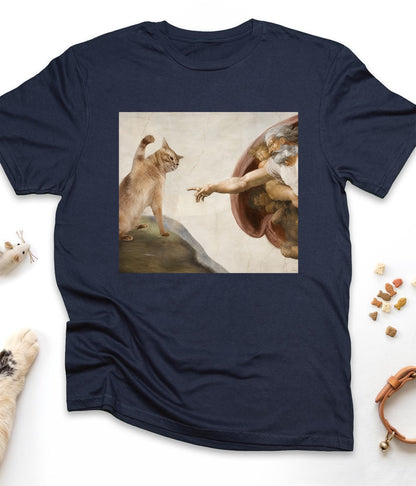 Navy funny cat t-shirt with "Divine Paw of Creation" design, front view