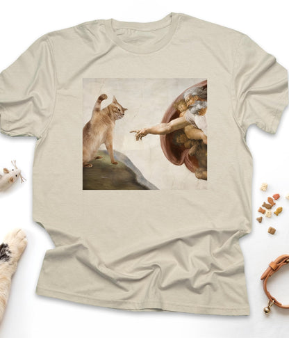 Sand funny cat t-shirt with "Divine Paw of Creation" design, front view